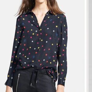 The Kooples Star Print Cloqu Dobby Silk Button Down Blouse Black L